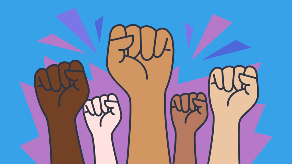 An illustration of fists in the air with purple, pink and dark blue shapes on a blue background