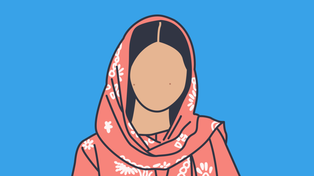An illustration of a faceless girl wearing a head on a blue background