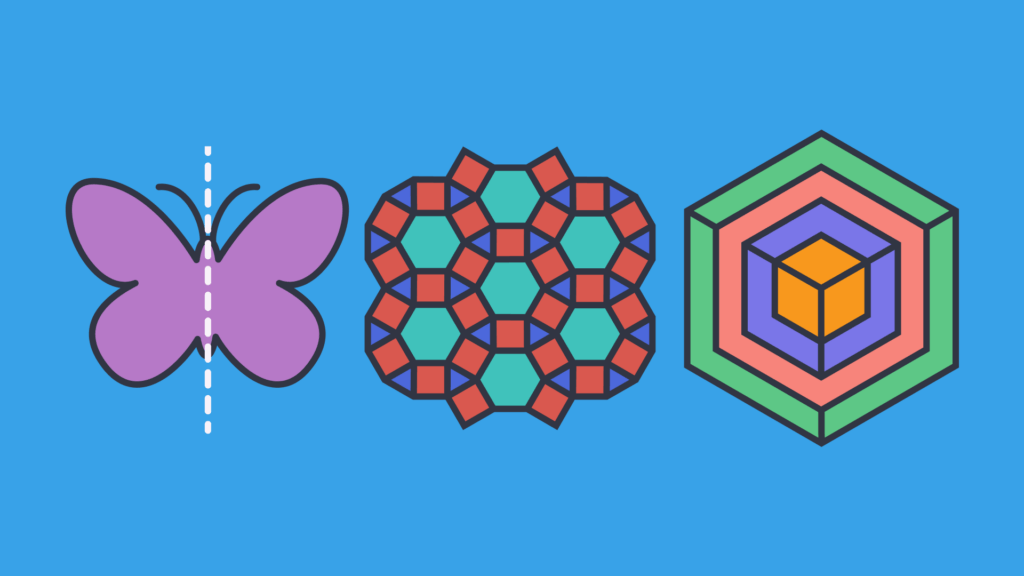 An illustration of a purple butterfly, and colorful geometric shapes on a blue background.