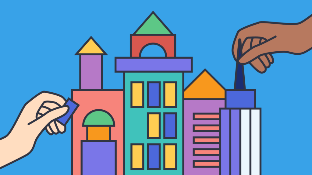An illustration of colorful building blocks with hands on a blue background.