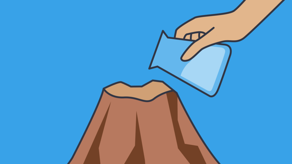 An illustration of a hand pouring a jar of liquid in a volcano