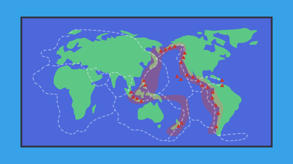 An illustration of the world map that emphasises volcano placements