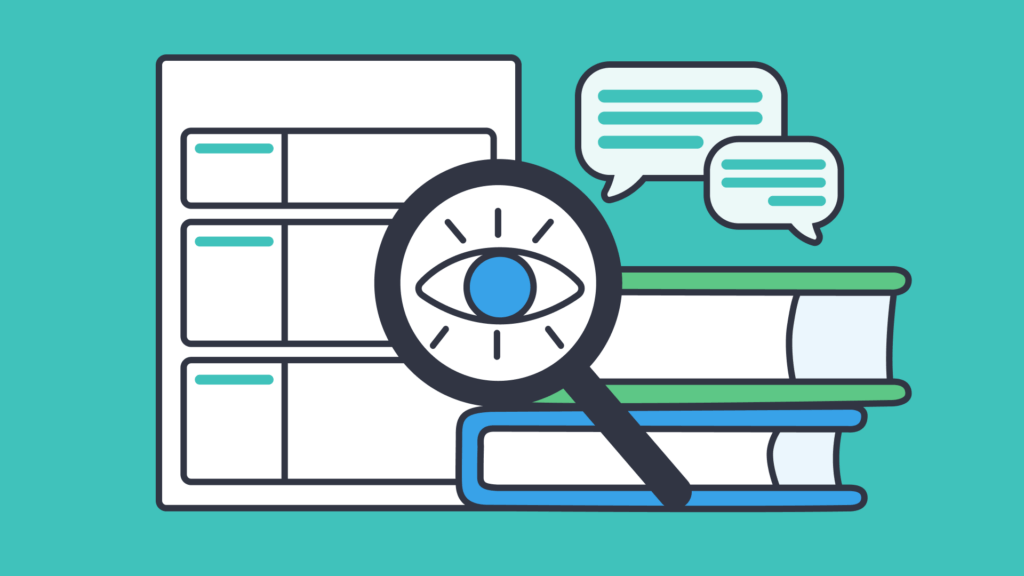 An illustration of stacked books, a magnifying glass with an eye, speech bubbles and paper.