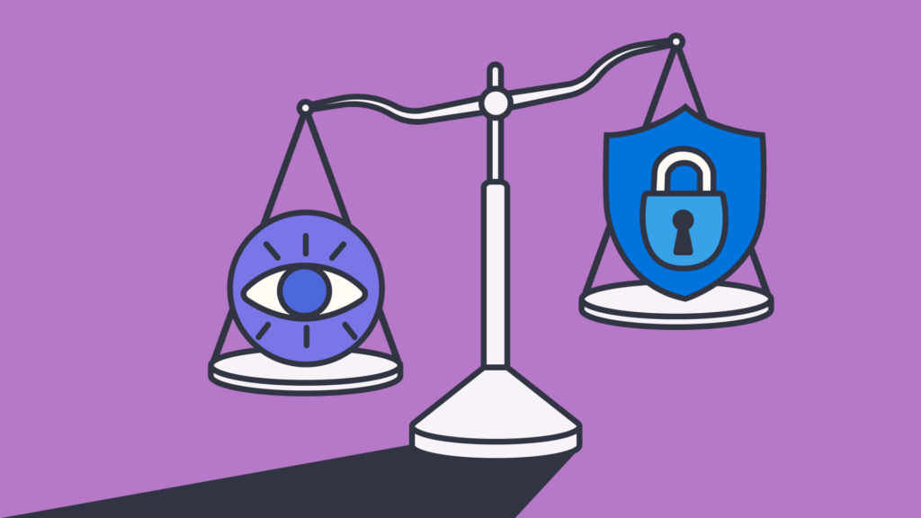 An illustration of a balancing scale with a lock on one side and an eye on the other.