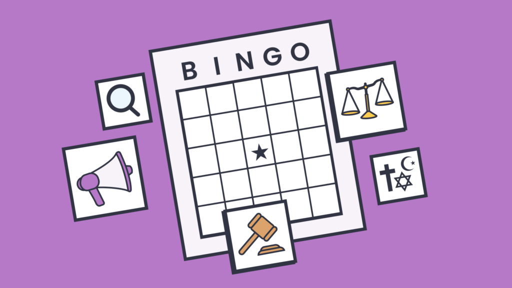An illustration of a bingo card with small illustrations of a balancing scale, magnifying glass, megaphone, mallet and symbols of different religions.