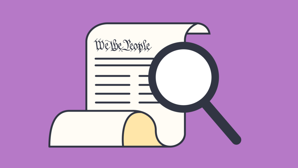 An illustration of a magnifying glass in front of a scroll with the writing 'we the people'
