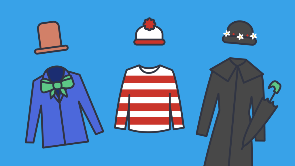 An illustration of costume worn by famous book characters, Willy Wonka, Where's Waldo, and Mary Poppins