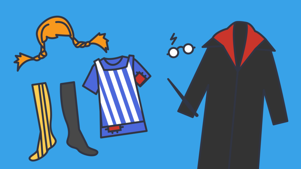 An illustration of costume worn by famous book characters, Harry Potter, and Pippi Longstocking