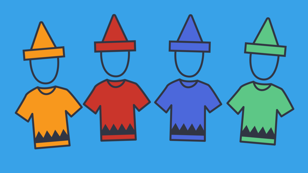 An illustration of costumes and a hat in orange, red, blue and green