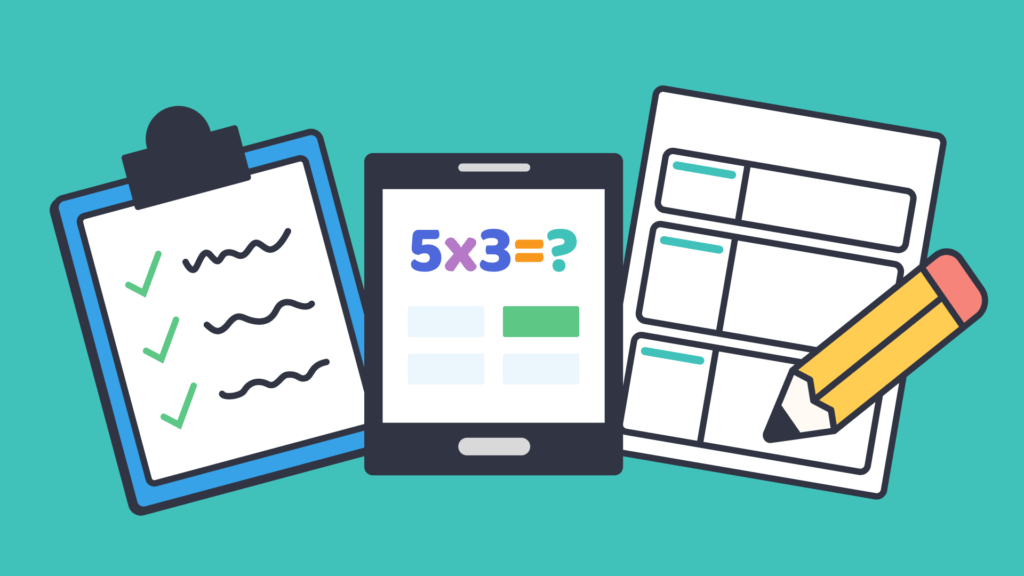 An illustration of a clipboard, tablet and checklist with a pencil