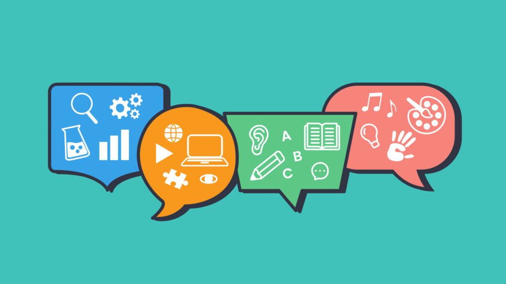 An illustration of colorful speech bubbles with symbols of subjects inside them
