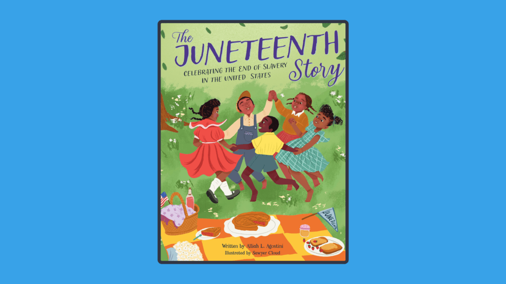A photo of the book The Juneteenth story on a blue background