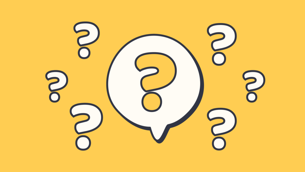 An illustration of a big question mark in the middle surrounded by six smaller question marks