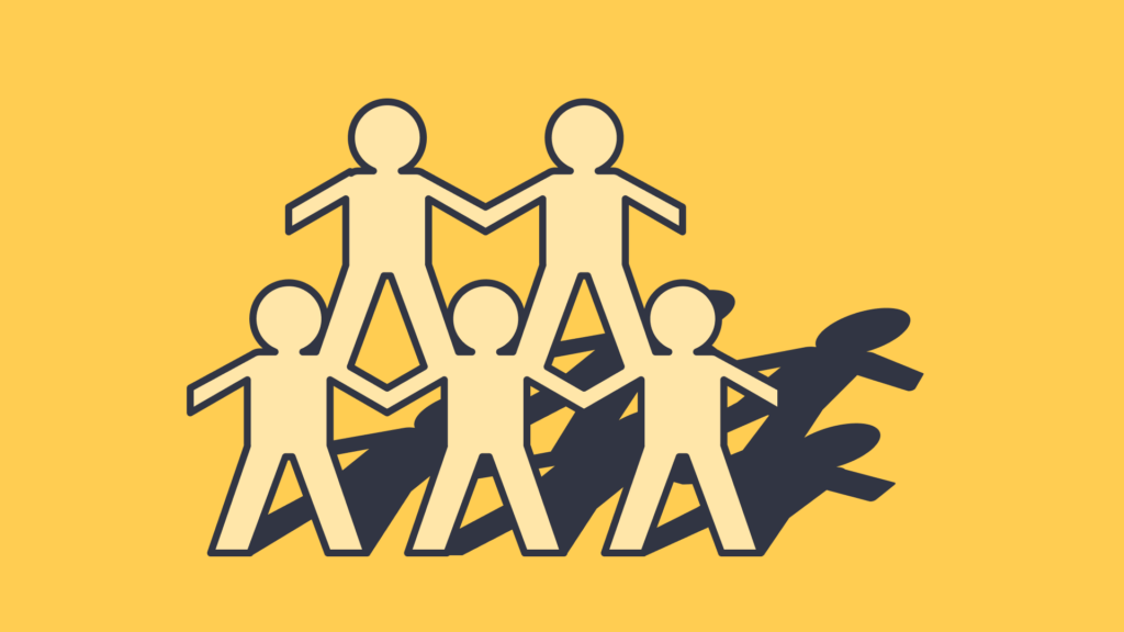 An illustration of 2 figures standing on the shoulders of 3 figures on the ground