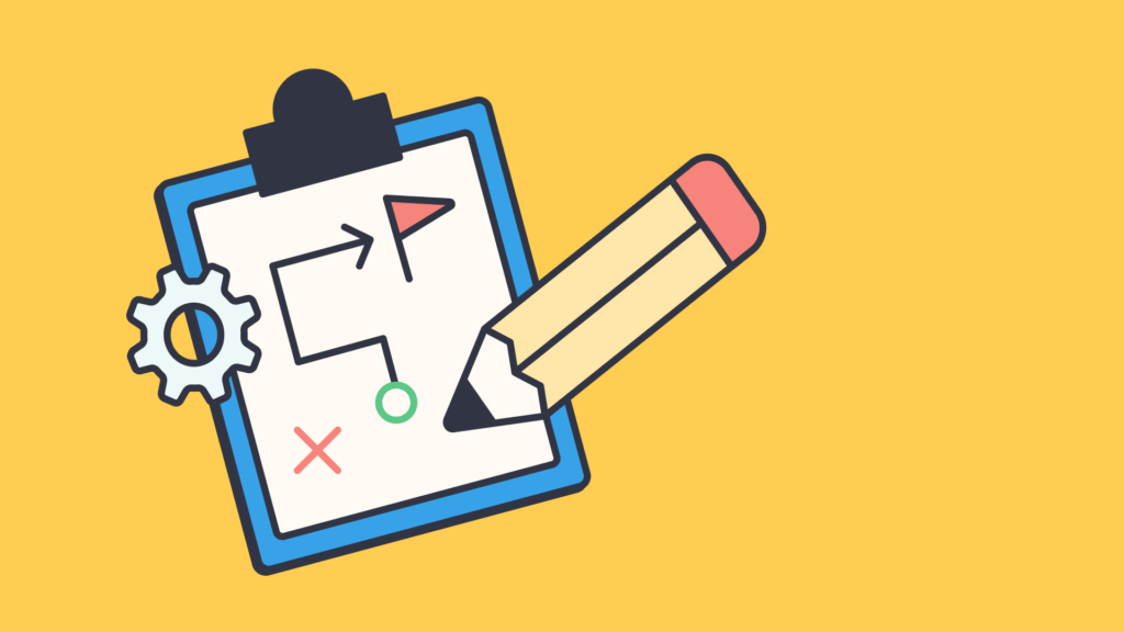 An illustration of a pencil writing on a clipboard with paper that has a red flag, red cross, green circle and arrow.