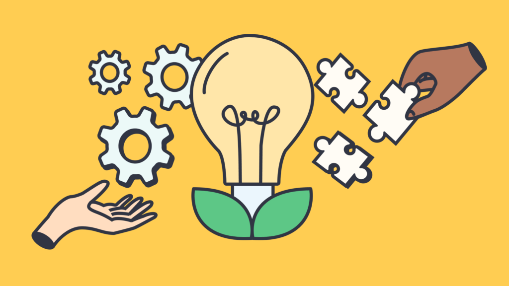 An illustration of a yellow light bulb with green leaves at the bottom, and hands holding puzzle pieces and screws on the side
