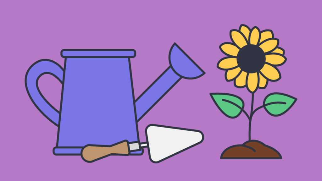 An illustration of a watering pot, a shovel and a sunflower.