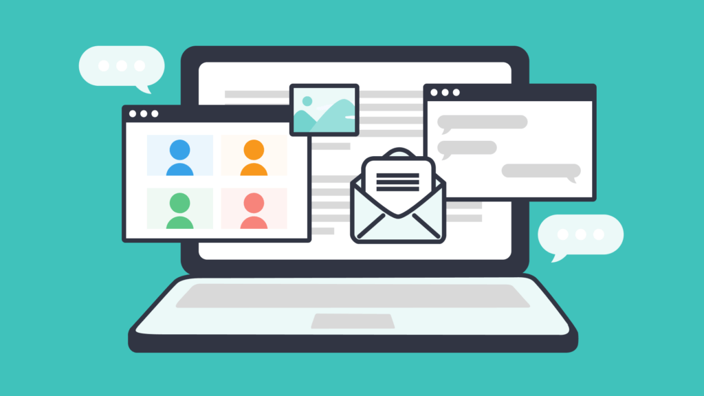 An illustration of a laptop with emails and speech bubbles overlapping the screen.