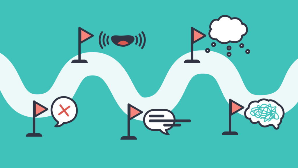 An illustration of flags on a thick curvy white line, and speech bubbles and a mouth next to the flags