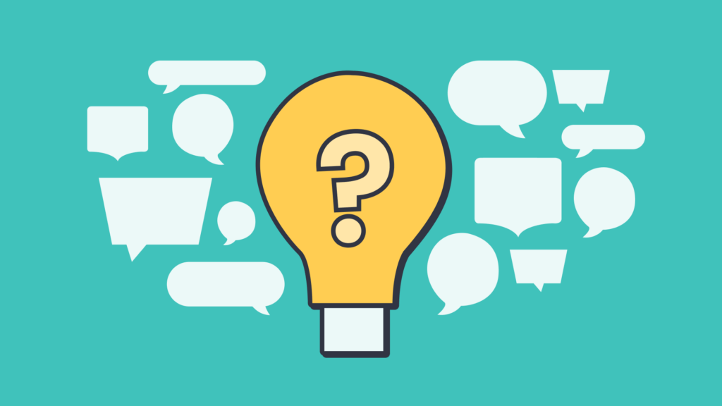 An illustration of a yellow lightbulb with a question mark inside and white speech bubbles surrounding it.