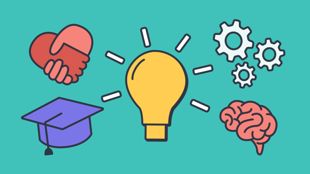 An illustration of a yellow light bulb in the middle, with screws, a brain, graduation cap and hands shaking surrounding it.