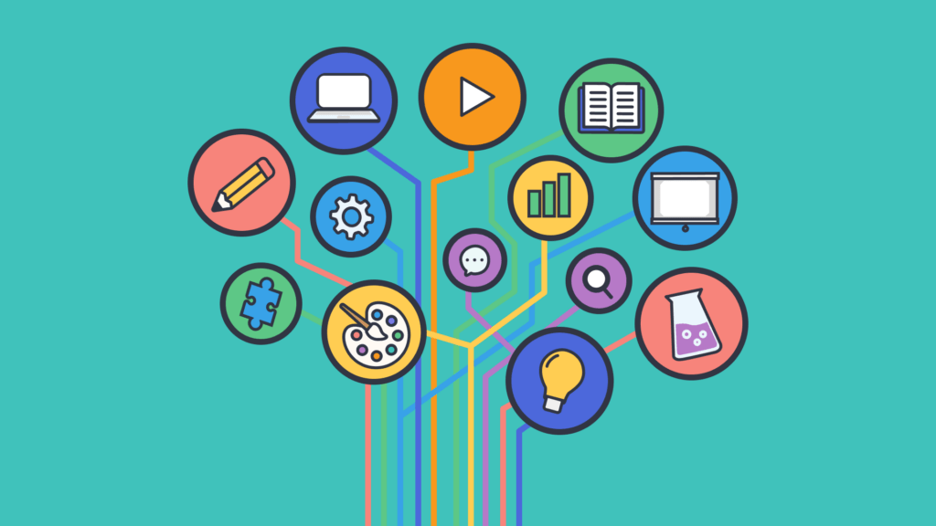 An illustration of colourful symbols that represent different subjects in circles.