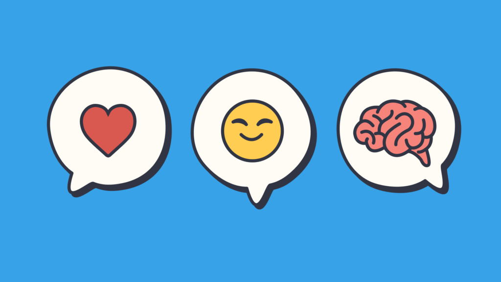 An illustration of a heart, smiling face and brain in speech bubbles