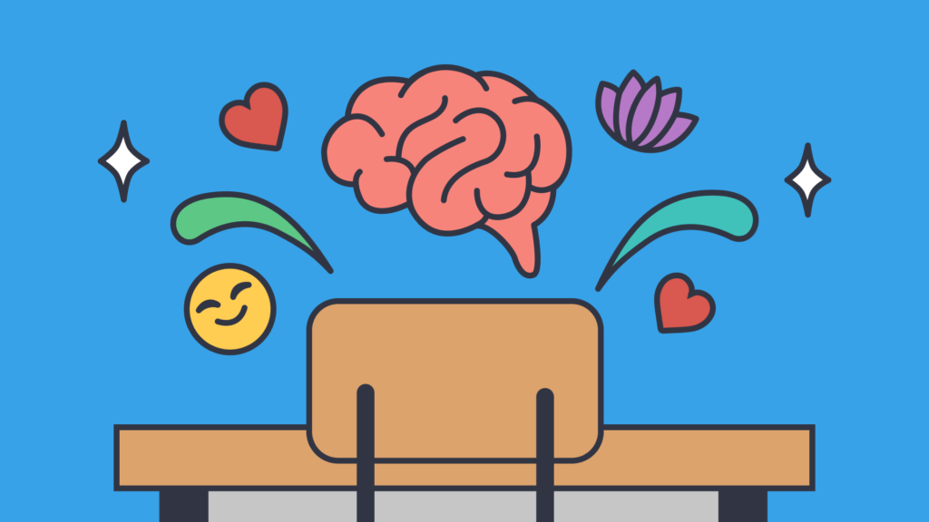 A colourful illustration of a floating brain above a desk and chair with a yellow smiling face, red hearts, purple flower and sparkles surrounding it