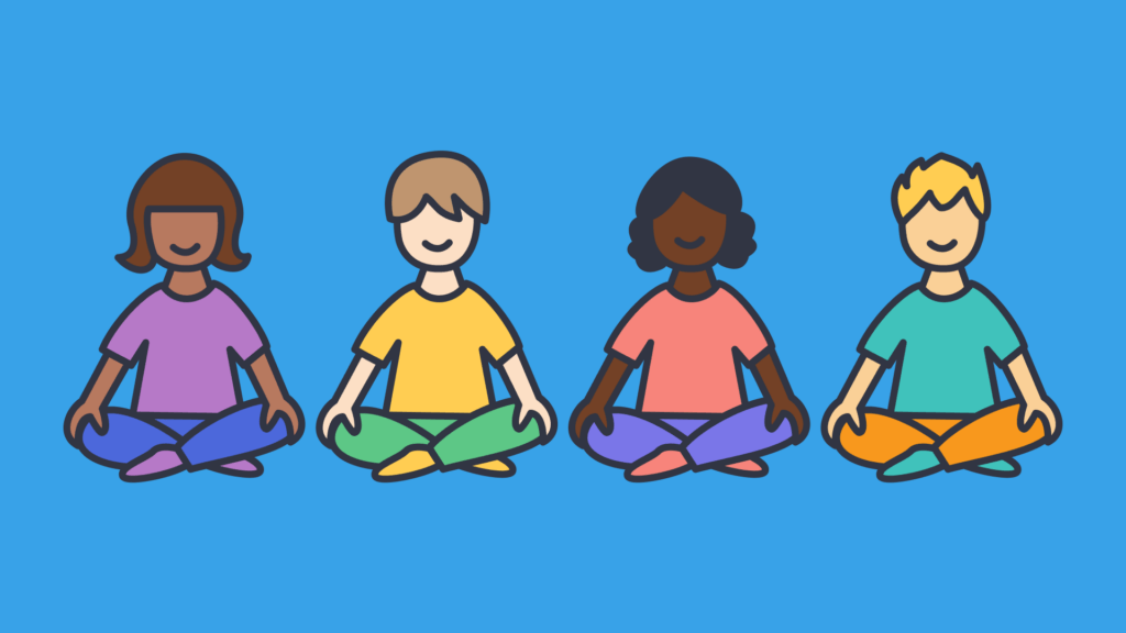 An illustration of children wearing colourful clothes, crossed legged with their hands on their knees