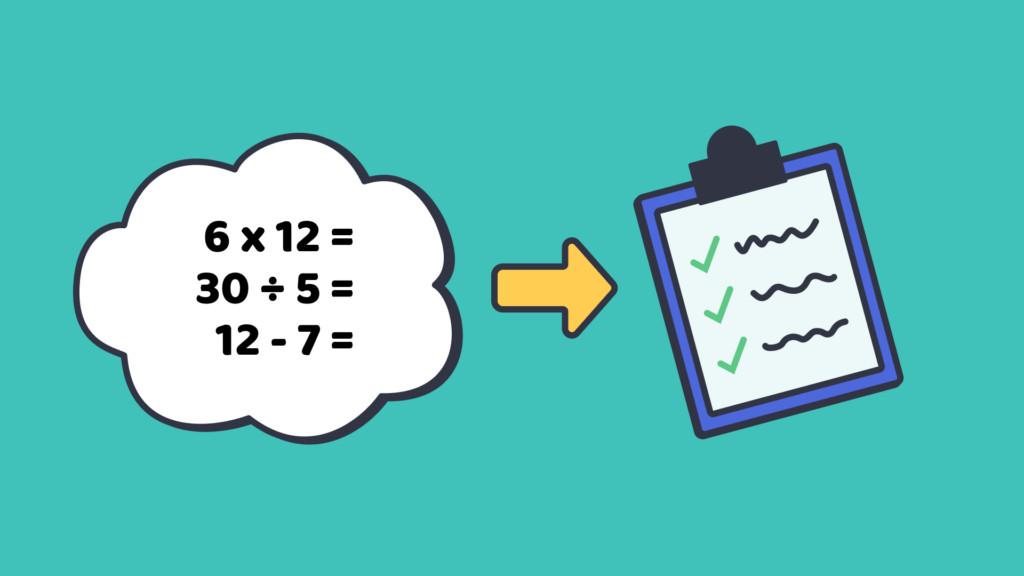 An illustration of a speech bubble with 3 math equations in it, and a yellow arrow directed at a clipboard with writing and green check marks.