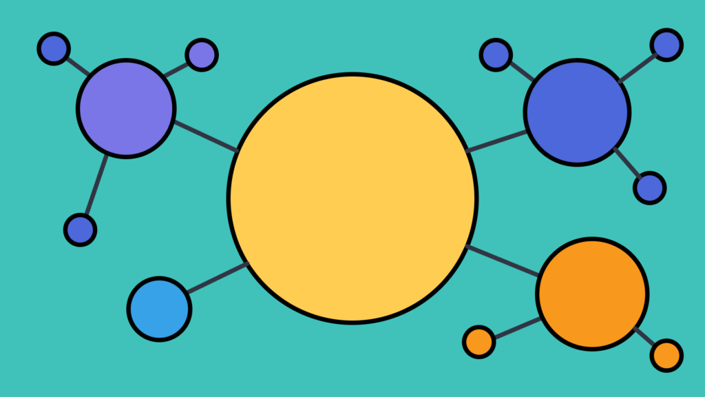 An illustration of purple, yellow, orange, and blue circles connected to each other by lines.