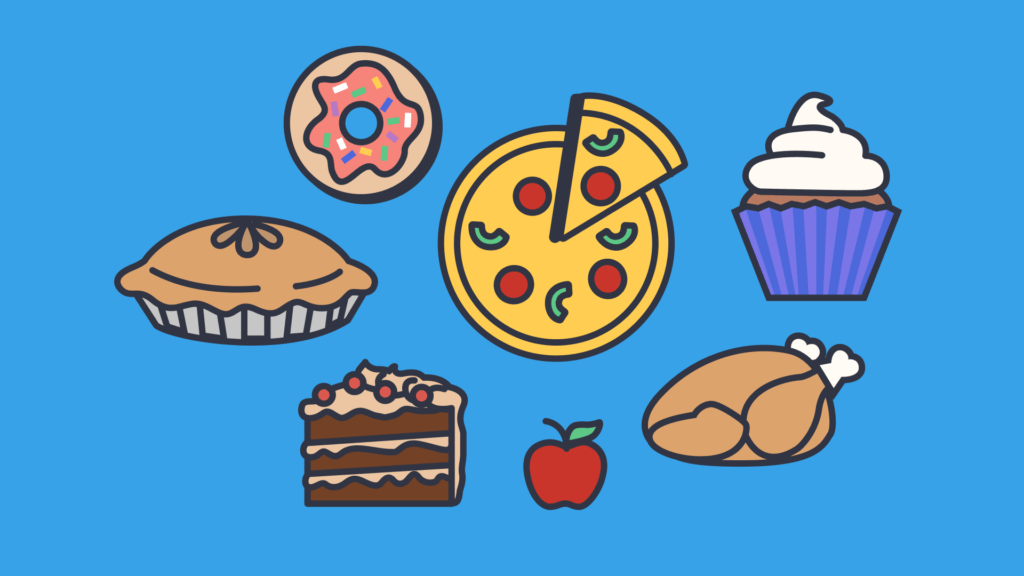 An illustration of foods such as an apple, a whole chicken, a whole pizza, a pie, a doughnut and a slice of cake.