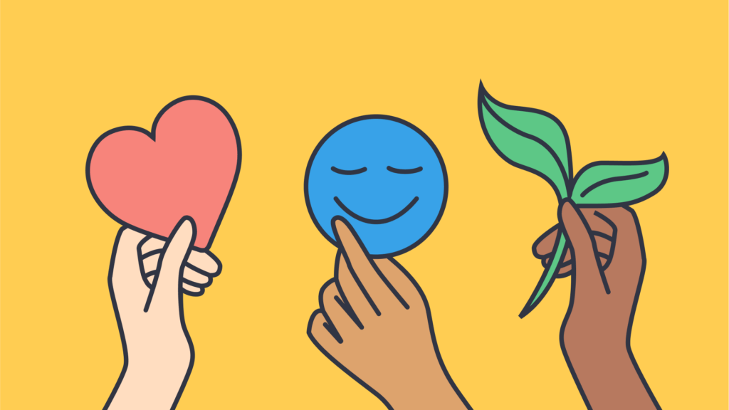 An illustration of hands holding up a heart, a blue smiley face, and a leaf.