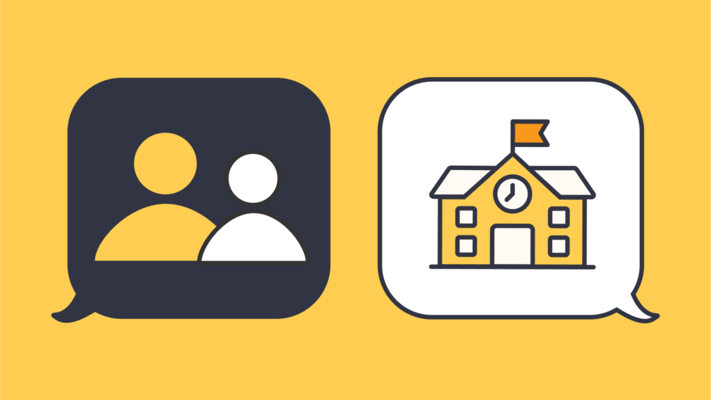 An illustration of a school and two figures in a speech bubble.