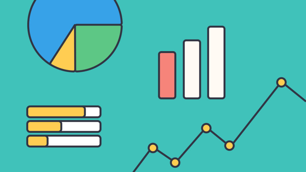 An illustration of a pie chart, bar chart, line graph and bullet graph.