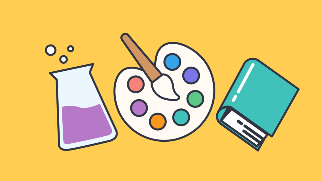 An illustration of a paint brush and a palette, science beaker with purple liquid, and a teal book.