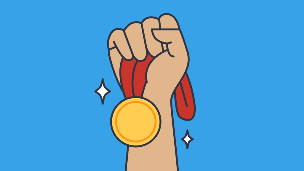 An illustration of a hand holding a gold medal.