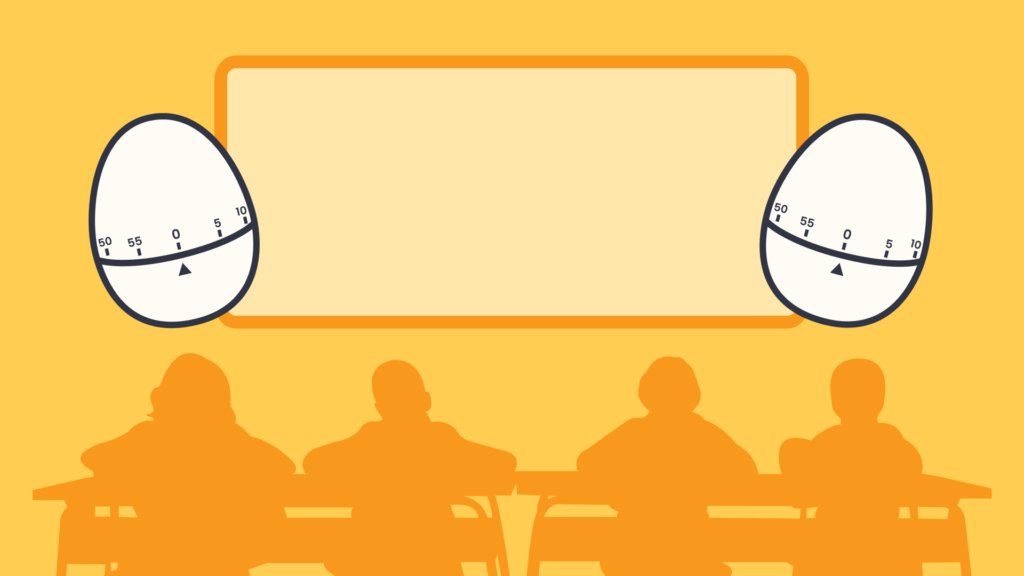 An illustration of two egg timers with students and a whiteboard in the background.