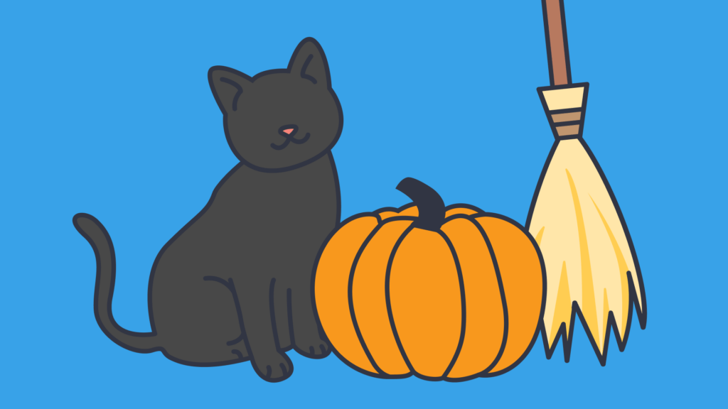 An illustration of a cat, pumpkin and broom stick