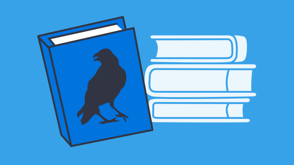 An illustration of a stack of book and a standing book with a crow on it