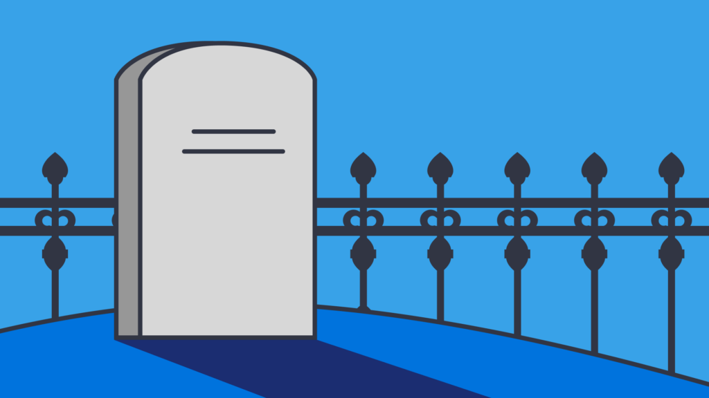 An illustration of a tombstone with railing in the back.