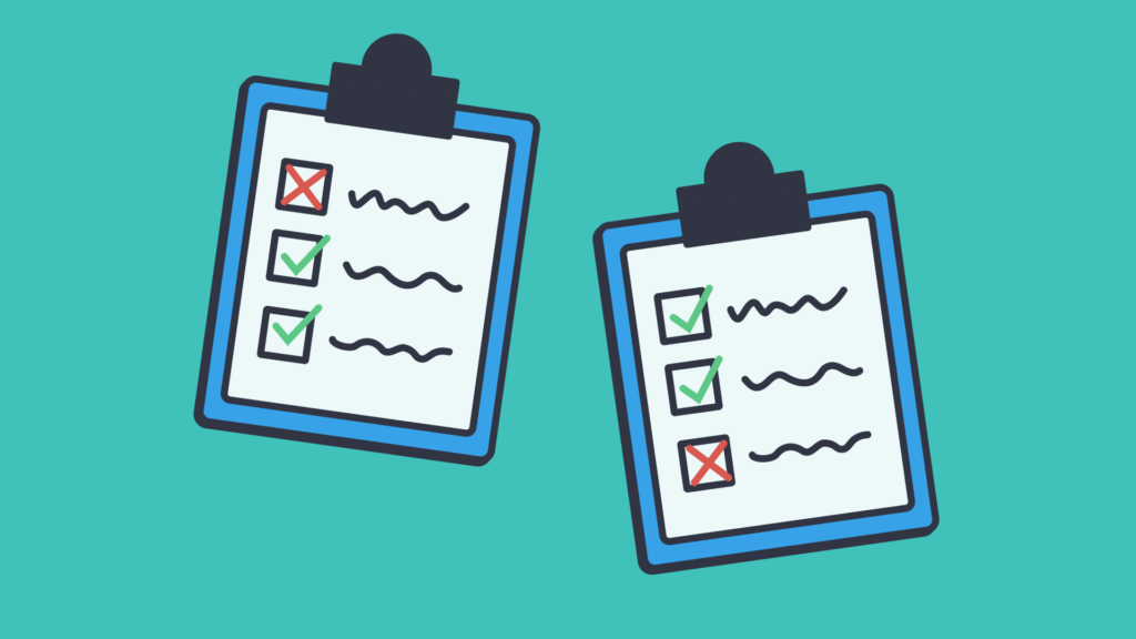 An illustration of two clipboards with check marks and crosses.