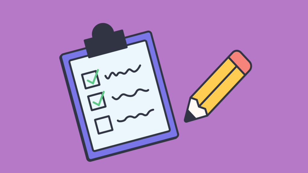 An illustration of a pencil and clipboard with check marks and scribbles.