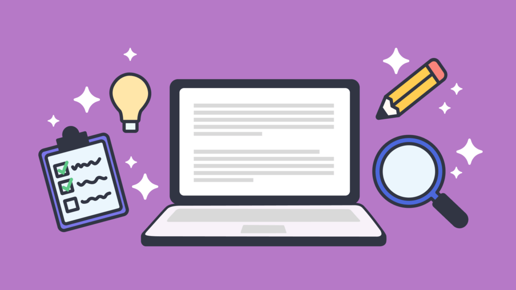 An illustration of a laltop in the center with a clipboard, lightbulb, pencil and magnifying glass surrounding it.