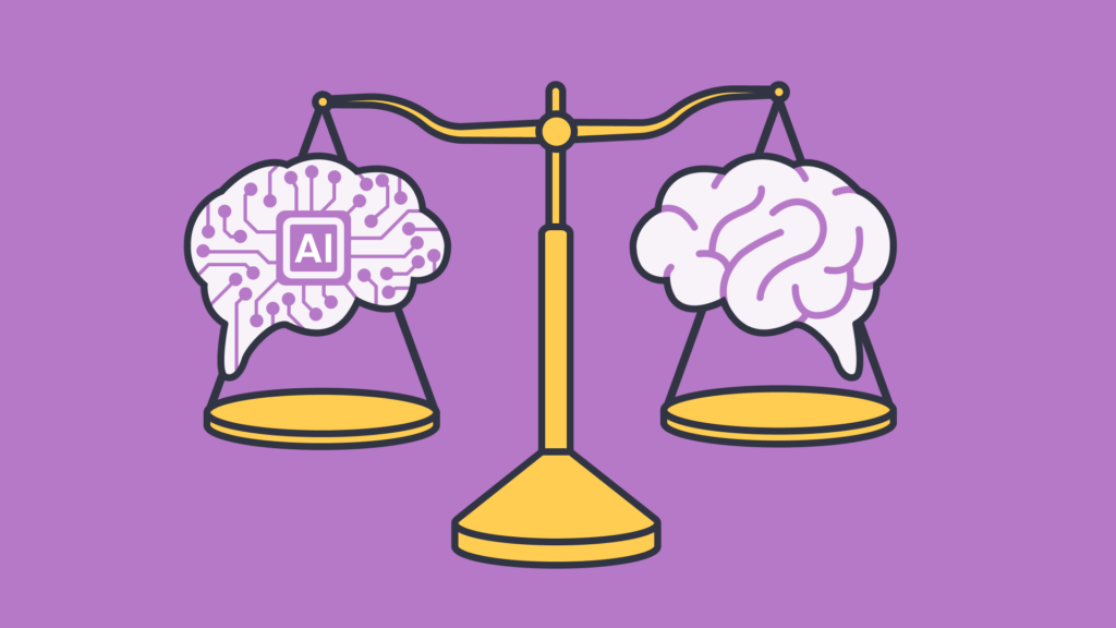An illustration of a balancing scale with an AI brain and human brain on each scale side.