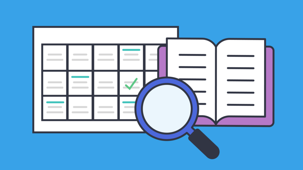 An illustration of a sheet with a table, and open book, and a magnifying glass.