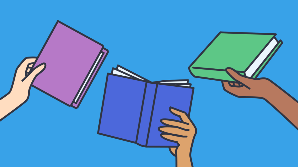 An illustration of arms holding books.