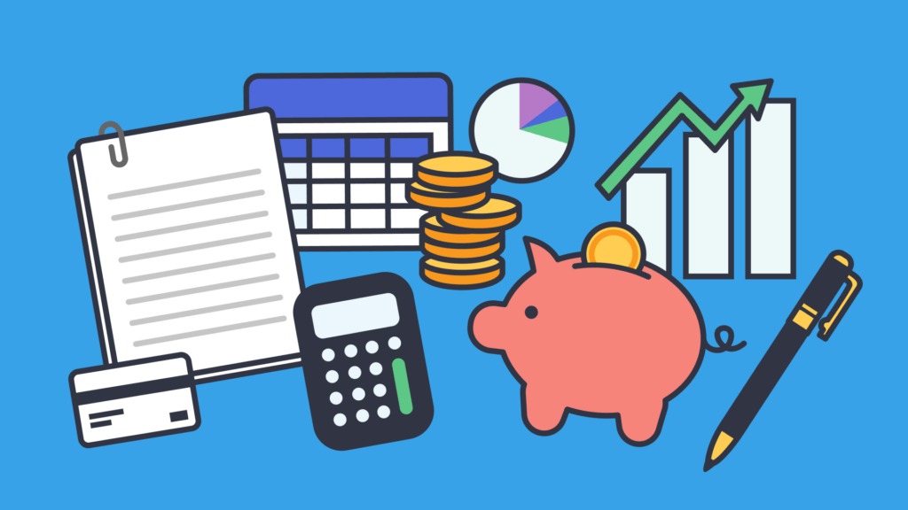 An illustration of a piggy bank, a pen, coins, calculator, credit card, paper-clipped sheets, calendar, pie chart and combination chart.