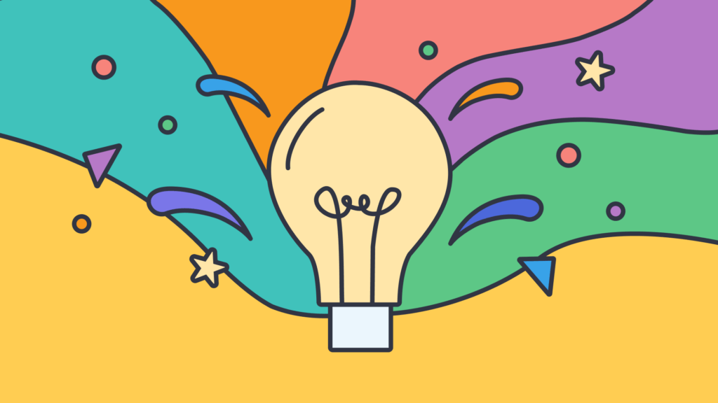 An illustration of a light bulb in the center with colours and colorful shapes around it.