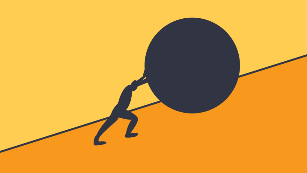 An illustration of a silhouette of a man pushing a large circle up a steep slope.